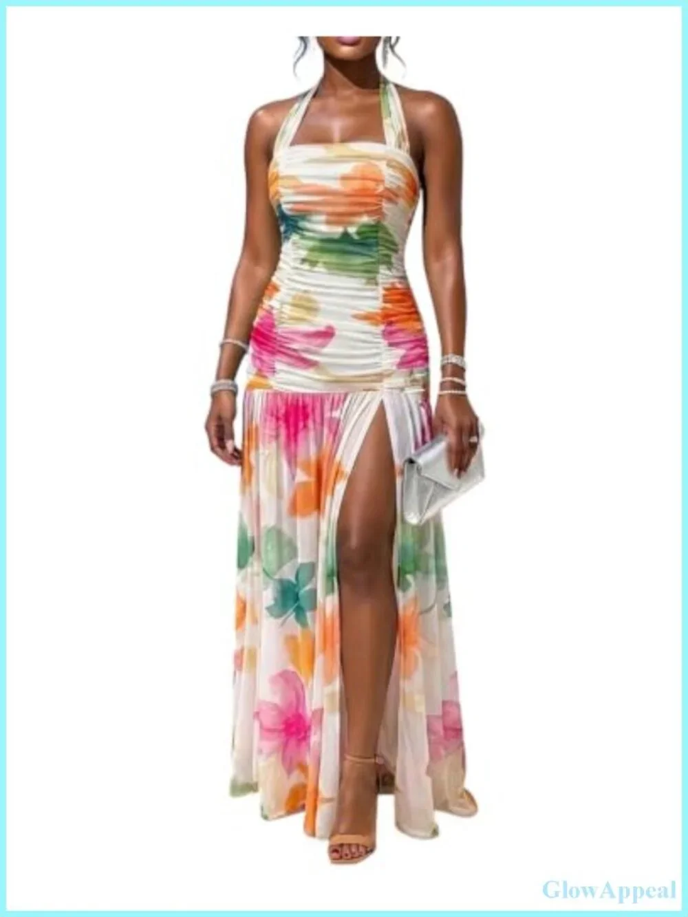 Elegant Backless Halter Maxi Dress with Ruched Mermaid Hem